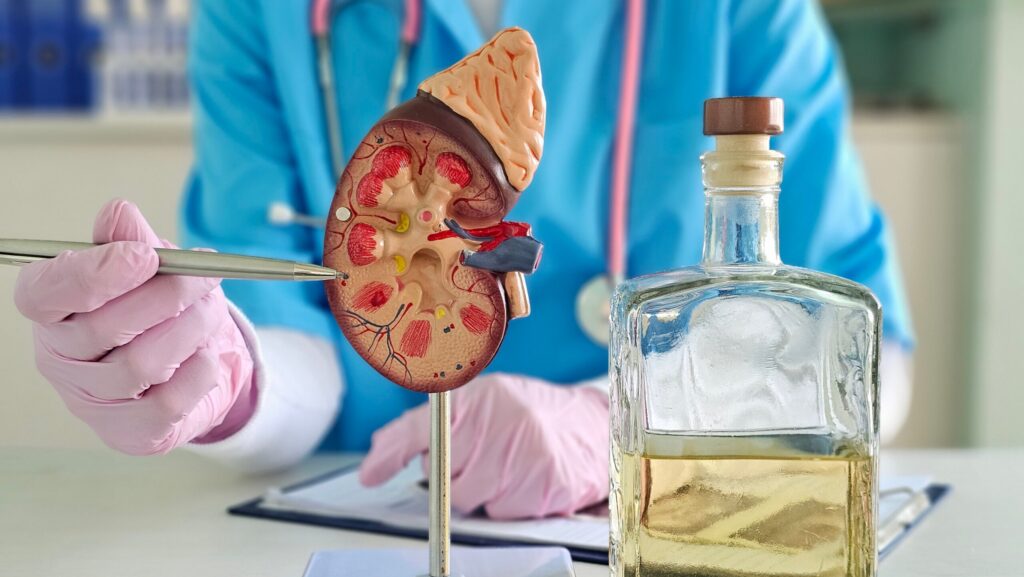 A 3D diagram of a kidney next to a bottle of alcohol represents the question of, can alcohol cause kidney disease.