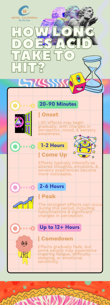 Infograph showing how long does it take acid to hit and for a person to feel the effects.