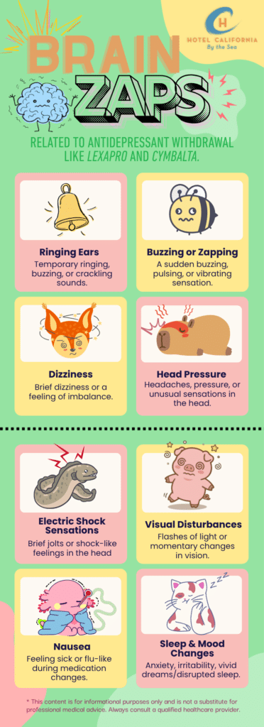 Infograph showing how brain zaps can feel during antidepressant discontinuation syndrome.
